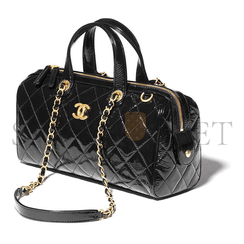 Ch*el large bowling bag patent crumpled calfskin & gold-tone metal black as5579 (31*17*13cm)